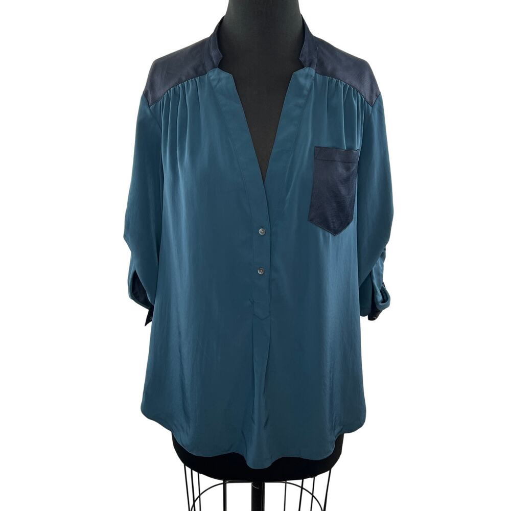 ZOA NEW YORK Blue Teal Gray Equipment Blouse Pocket Front Size XS Anthropologie